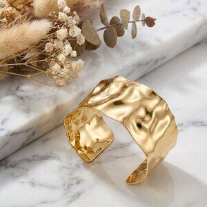 18k Gold Plated 316L Stainless Steel Wide Cuff Bracelet Hammered Statement